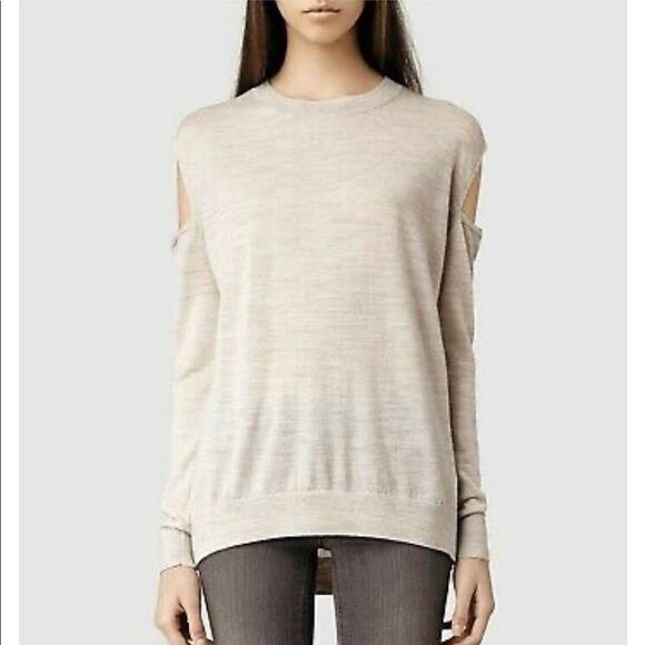 All Saints Elton Cream Merino Wool Sweater XS Cut Out Shoulder Lightweight - Picture 2 of 12